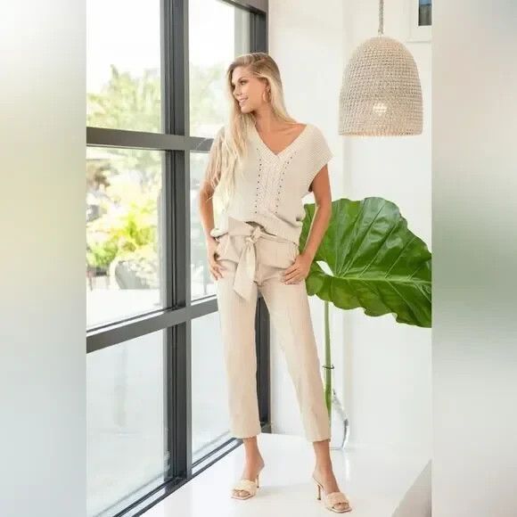 Jonathan Simkhai Tessa Vegan Leather Pants Womens 6 Tie Waist in Egret Khaki - Picture 3 of 16